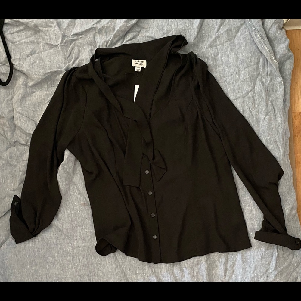 1940’s style black crepe neck tie Fiona blouse